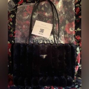 Prada Black Faux Fur Shoulder Bag with Leather Handles
